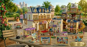 Multiple retail boxes of large LEGO Friends sets for girls neatly arranged on a store shelf, highlighting different community buildings.