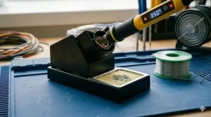 A heavy-duty soldering iron stand with a brass coil cleaner and a damp cleaning sponge.