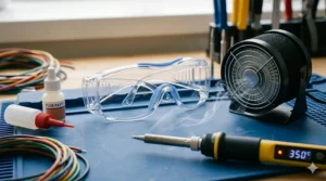 Essential soldering safety gear including clear protective goggles and a fume extractor fan.