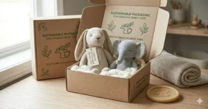 Illustration of organic baby plush toys in recyclable, plastic-free cardboard packaging.