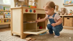 A two-year-old toddler in overalls sliding a tray of play cookies into the open oven door of a wooden toy kitchen.