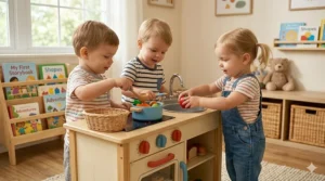 Two young toddlers cooperatively playing and sharing toys at a detailed wooden play kitchen in a bright playroom.