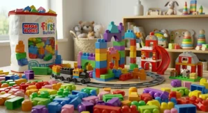 A 1 year old sorting yellow, red, and blue Mega Bloks into matching color piles.