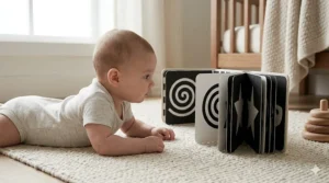 An infant practicing tummy time while looking at an accordion-style high contrast book with geometric shapes.