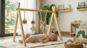 Illustration of an infant practicing tummy time on a padded mat underneath a wooden Montessori activity gym with a low-hanging mirror toy.