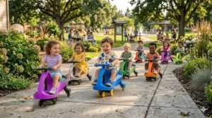 A two-year-old child using their feet to push and scoot forward on a colorful plasma car for toddlers.