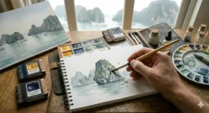 Clean color mixing on the integrated palette of a professional watercolor set.