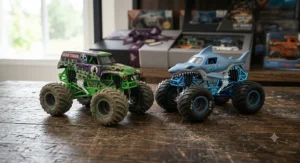 Authentic Monster Jam toy trucks featuring official team branding and graphics.