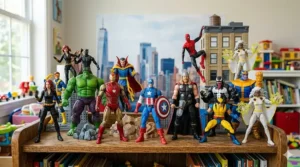 A 4K photorealistic group portrait of the Avengers team Marvel Legends kids figures, featuring Captain America, Iron Man, Thor, and Hulk, displayed in a unified team formation on a wooden shelf diorama with natural light.