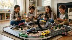 Safe battery-operated electric slot car racing set for kids with colorful track pieces.