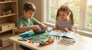 Two children smiling while building a plastic ship model kit together on a desk.