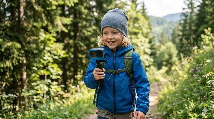 A child holding a durable GoPro camera while exploring outdoors.