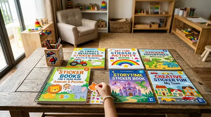 A collection of colorful, age-appropriate sticker books for 4 year olds displayed on a table.