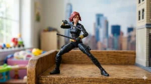 A photorealistic 4K close-up of the Black Widow action figure, matching the character from the group display, captured in a dynamic combat pose with her batons drawn, standing on a wooden shelf diorama with natural light.