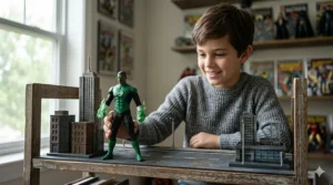A young boy playing with superhero action figures on a living room rug.