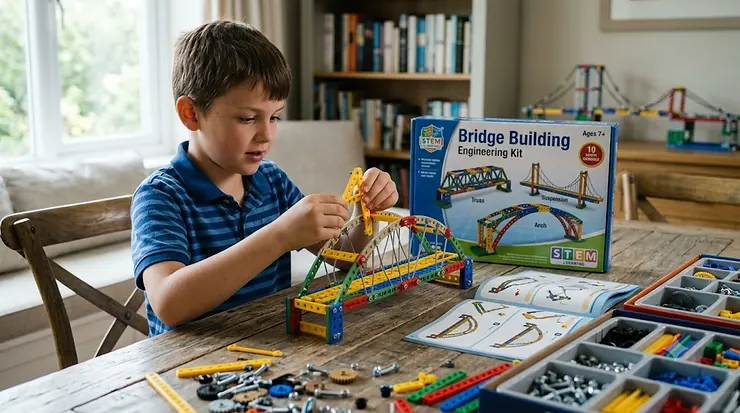 A child assembling a sturdy bridge model using a comprehensive bridge building engineering kit on a wooden table.