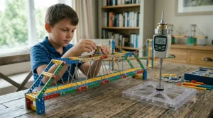 A bridge model built from the engineering kit undergoing a weight-bearing load test to demonstrate structural strength.