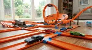 Multiple toy cars racing on a large Hot Wheels track system