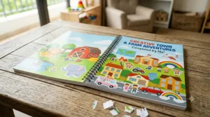 A completed page from a sticker book showing a creative scene made by a 4 year old.