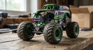 Close-up of a detailed diecast Monster Jam toy truck with oversized tires.
