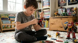 A child playing with a Power Rangers Dino Fury morpher, a popular toy for boys.