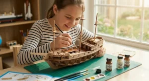 A girl painting the wooden deck of a ship model kit with a small brush.