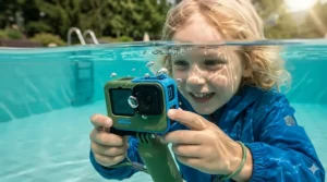 A waterproof GoPro being used by a child at the swimming pool.
