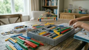 High-quality, durable plastic pieces laid out from the bridge building engineering kit, highlighting safety and quality.