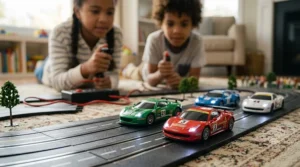 Detailed view of durable racing cars used in an electric slot car racing set for kids.