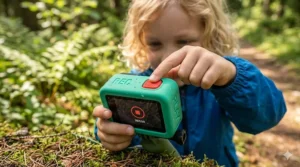 A young child pressing the record button on a simple GoPro model.