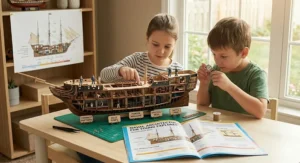Children examining the cutaway details of a ship model kit with a magnifying glass.