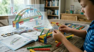 An educational diagram showing how the bridge building engineering kit teaches basic principles of physics and tension.