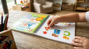 A child practicing the alphabet using an interactive sticker book for 4 year olds.