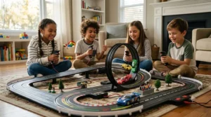 An exciting electric slot car racing set for kids featuring a vertical 360-degree loop track.