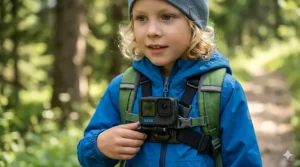 Close-up of a child wearing a GoPro with a secure chest mount.