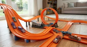 Toy car performing a jump stunt on a large Hot Wheels track