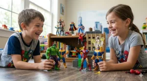 A 4K photorealistic photograph capturing two children laughing joyfully while playing with various articulated Marvel Legends superhero figures, including Spider-Man and Iron Man, on a playroom floor under warm natural light, with the wooden shelf display visible in the background.