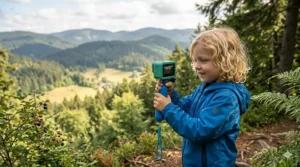 A child filming a family vacation adventure using a handheld GoPro.