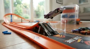 Complex layout of a large Hot Wheels track set