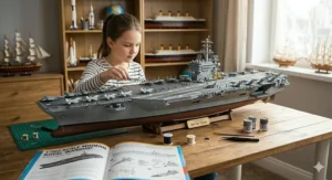 A girl placing miniature model airplanes onto the deck of a large aircraft carrier kit.