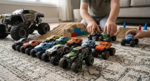 A set of mini-scale Monster Jam toy trucks arranged for a racing game.
