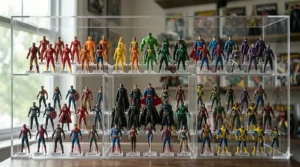 A colorful display of miniature superhero action figures for boys.