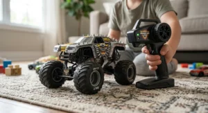 Child playing with a remote-controlled Monster Jam toy truck on a rug.