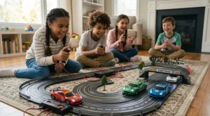 Competitive multi-lane electric slot car racing set for kids with hand controllers.