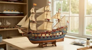 A completed historical galleon ship model with detailed rigging on a display stand.