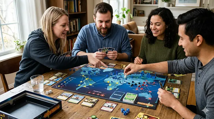Overhead view of the Pandemic board game setup with game board, disease cubes, and player pawns.