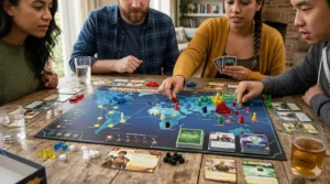 Four colors of disease cubes used to track infection levels in the Pandemic board game.