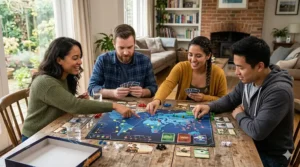 Close-up of the Pandemic board game world map showing major global cities and research stations.
