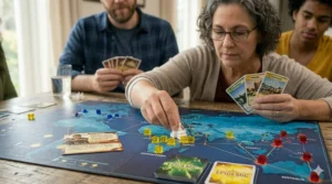 Detailed view of the miniature plastic research station tokens on the Pandemic game board.