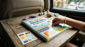 A travel-sized sticker book for 4 year olds being used in the back of a car.